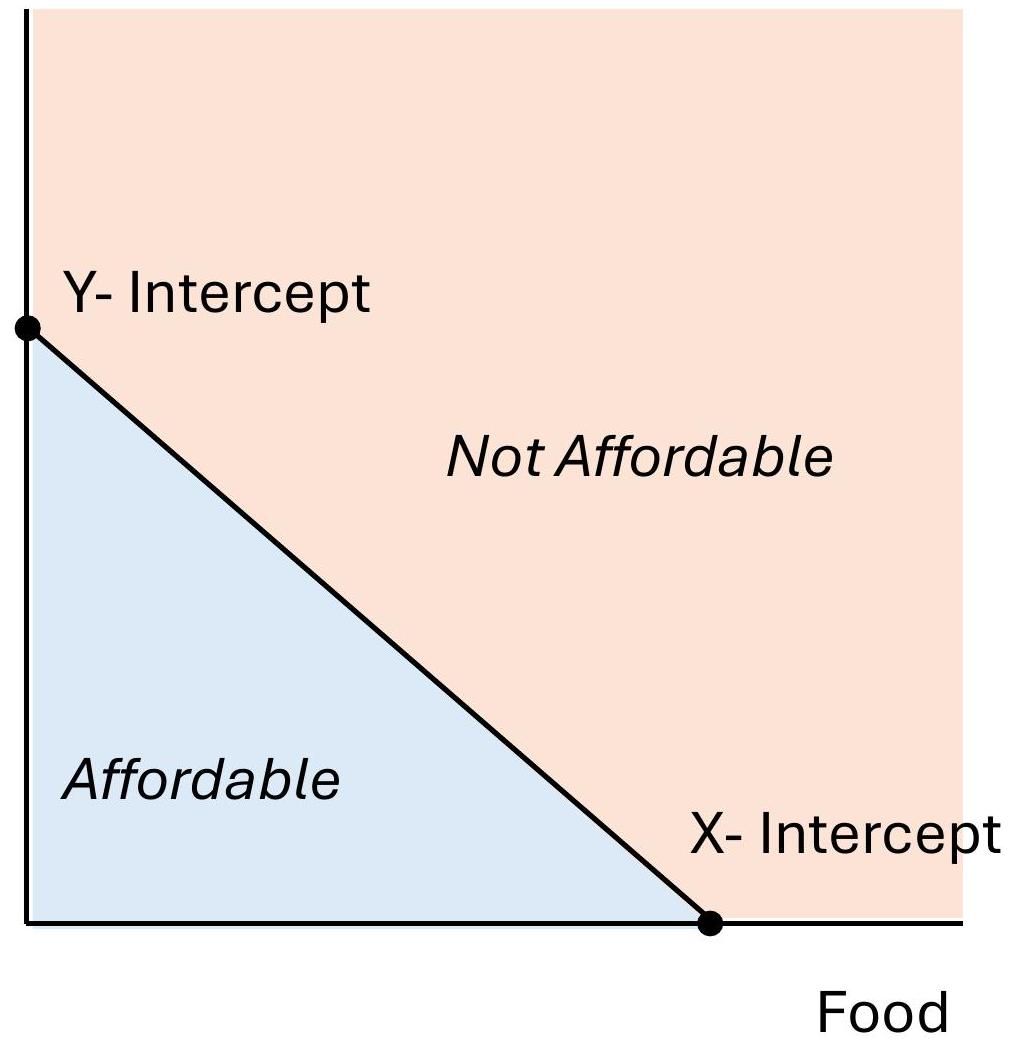 Budget Constraint; This figure shows a budget constraint, which represents all the combinations of two goods that a consumer can afford given their income and the prices of the goods. The area below the budget constraint line represents the affordable combinations, while the area above the line represents the combinations that are not affordable.